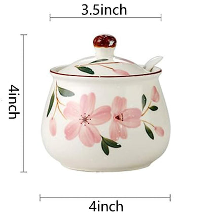 Ceramic Sugar Bowl, Flower Pattern Seasoning Jar with Lid Spoon, Sugar Pot