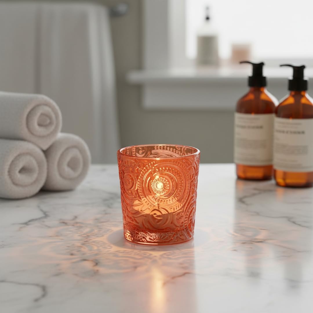 12 Pack Patented Sun Moon Star Embossed Glass Tea Light Candle Holders - Unique Votive Candle Holders for Wedding, Party, and Table Centerpieces (Pumpkin Spice)