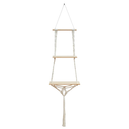 YYHTYZ 2 Tier Wooden Hanging Shelf, Boho Hand-Woven Cotton Wall Hanging Rack, Solid Wood Board, Featuring a Storage Net at the Bottom, Designed for Wall Mounting, Hanging Storage Shelves