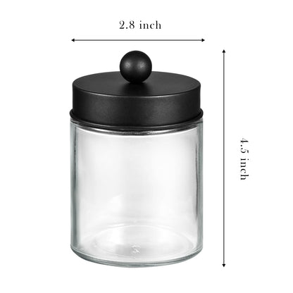 SheeChung 2-Pack Qtip Holder Dispenser - Glass Apothecary Jars with Rust-Proof Stainless Steel Lids - Modern Farmhouse Bathroom Vanity Organizer for Cotton Swabs, Balls, Pads(Black)