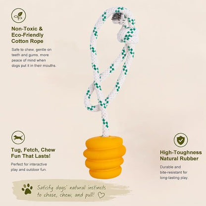 Green Sheep Tug & Enrichment Dog Toy, Interactive Rope Ball Toy with Removable Cotton Rope, Treat Dispensing Natural Rubber Dental Chew Toy for Medium and Large Dogs, Yellow