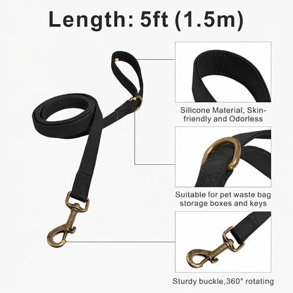 Silicone Dog Collar and Leash Set, Waterproof & Odor-Proof Puppy Collar for Small Dogs, Soft Flexible Leather-Look Dog Collars, Durable Thick Adjustable Pet Collar (Black, Large (16-24.5" Neck))