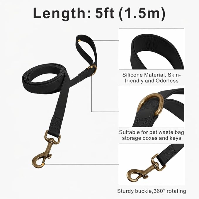 Silicone Dog Collar and Leash Set, Waterproof & Odor-Proof Puppy Collar for Small Dogs, Soft Flexible Leather-Look Dog Collars, Durable Thick Adjustable Pet Collar (Black, Small (11-15.5" Neck))