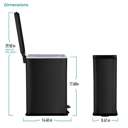 Home Zone Living 4 Gallon Slim Kitchen Trash Can with Soft Close Lid and Step Pedal, Matte Black Stainless Steel Wastebasket with Removable Bucket