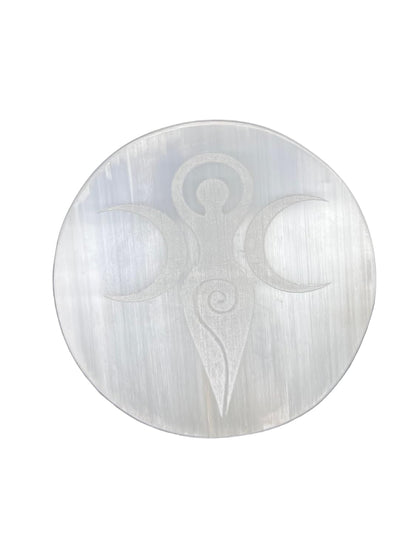 Selenite Crystal Charging Plate for Crystals and Healing Stones, 4" Selenite Crystal Plate Engraved Goddess Moon Coaster for Home Office Table Decor
