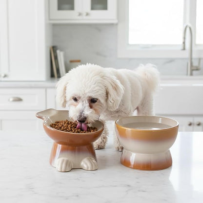 Nihow Dog Food & Water Bowl Set: Elevated Ceramic Dog Bowls for Medium/Small Size Dog - Food Safe Raised Puppy Bowls - Brown Pet Bowl for Protecting Pet's Spine (Set of 2)