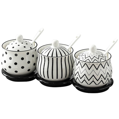 Ceramic Spice Jars Porcelain Condiment Jars Set with Spoon and Lid Condiment Pots for Salt, Sugar, Pepper Seasonings Set of 3 (White Ceramic Tray)