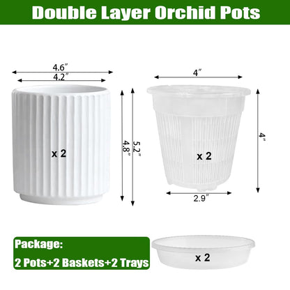 MUZHI Double Layer White Ceramic Orchid Planter with Saucer, Orchid Pots with Holes 4.6" Set of 2, Modern Minimal Cylinder Striped Plant Pot with Drainage 4.6” (White)