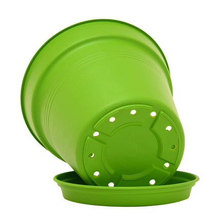 Mintra Garden Pots, 4 Pack Bulk Plastic Plant Pots with Drainage Tray, Round Indoor & Outdoor Decorative Planters with Drain Holes for Flowers, Herbs & Plants, 19cm Diameter – Light Green, 7.5 in