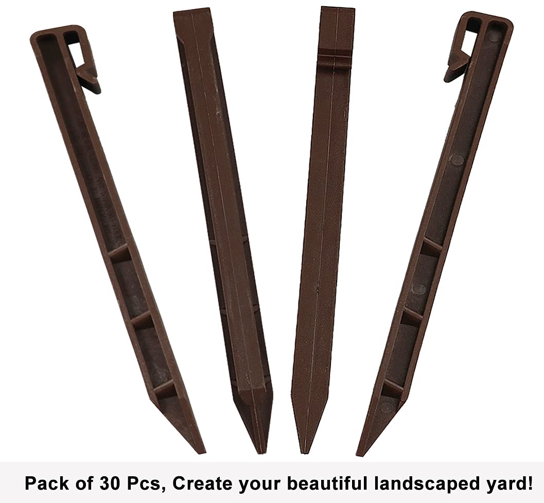 30 PCS Brown Landscape Edging Garden Stakes, 10 Inch Landscaping Anchoring Spikes Heavy Duty Plastic Garden Netting Ground Stakes Brown for Edging & Terrace Board