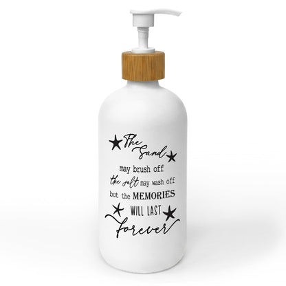 ChissNook Coastal Beach Soap Dispenser, The Sand May Brush Off the Salt May Wash Away Glass Dish Soap Dispenser with Pump for Kitchen, Ocean Decor Bathroom Countertop Handsoap Refillable Container