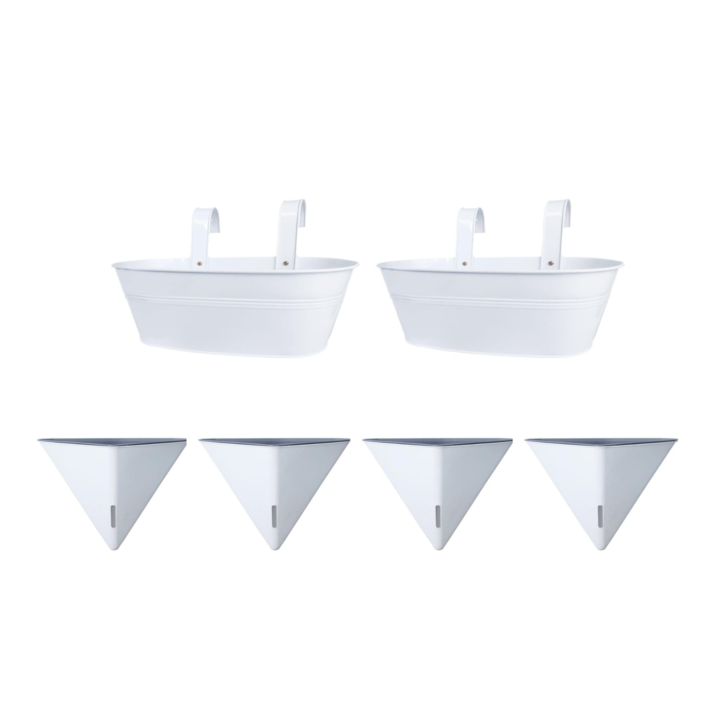 LaLaGreen Bundle- 2 Pack, 15 Inch White Metal Pot + 4 Pack, 12 Inch Geometric Self Watering Pot Modern Flower Vase Vessel Home Vertical Wall Mount Garden Window Rail Box Herb Plant Bucket Garden Decor