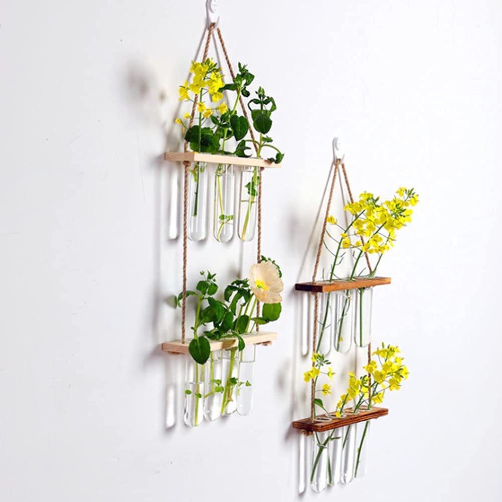 Hiuxume 2 Tiered Wall Hanging Planter, Wooden Stand with Glass Planter Test Tube Vase for Hydroponic Plant Propagation, Perfect for Indoor and Outdoor Decor