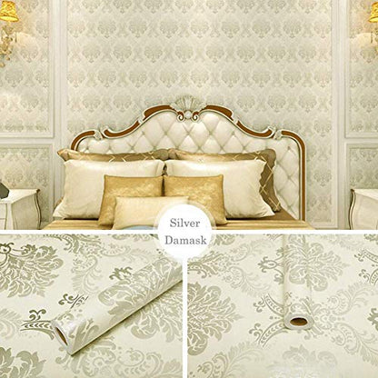 Lependor Silver Damask Peel and Stick Wallpaper Easily Removable Printed Stick Wall Paper Decorative Self Adhesive Shelf Drawer Liner Roll - 17.71¡± Wide x 118¡± Long (17.71" X 9.8 ft, Silver Damask)