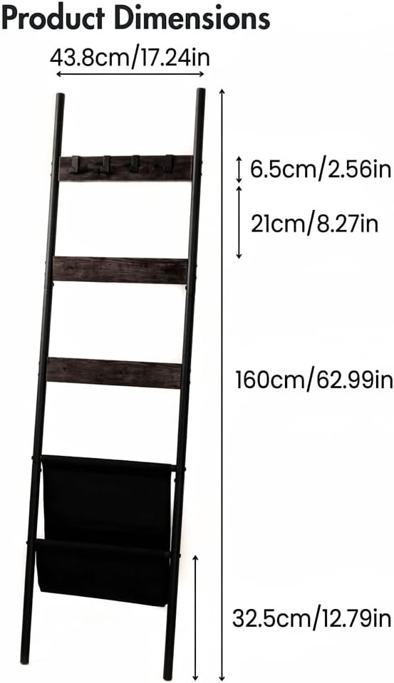 Blanket Ladder, 5 Tier Towel Rack, Wall-Leaning Blanket Rack for Living Room, Decorative Ladder with 4 Hooks and Magazine Pocket 17.3" L x 63" H - Black
