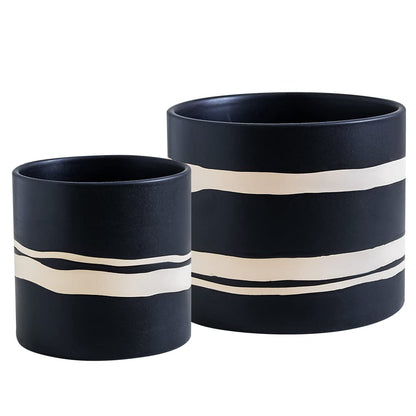 Nihow Modern Ceramic Plant Pot - 5 + 7 Inch Flower Pot for All Indoor Plants - Sturdy Planter Pots with Drainage Hole & Rubber Plugs - Semi-Matte Black & Nature - Plants Not Included