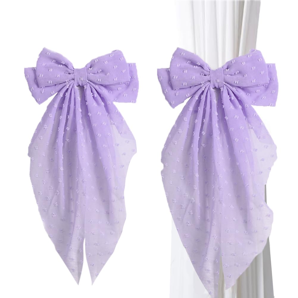 2 Pack Purple Curtain Tiebacks, Romantic Bow Curtain Ties with Clips, Decorative Sheer Curtain Holdbacks, Boho Curtain Tie Backs for Bedroom Nursery Living Room Home Decor (Purple)