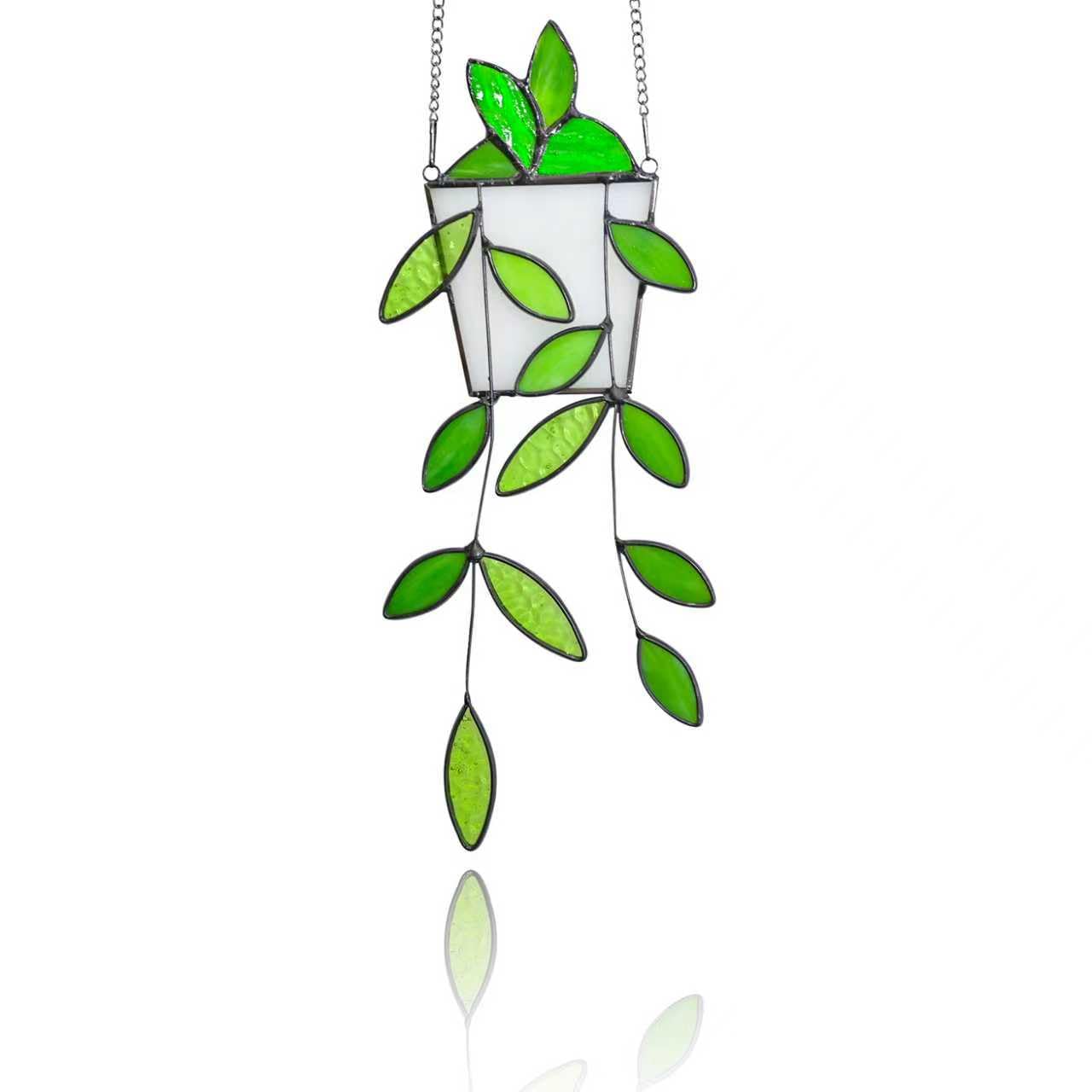 Fake Hanging Plants Greenery Stained Glass Plant Window Hanging Handmade Green Leaf Suncatcher Faux Plant Stained Glass Panel with Chain Sun Catcher Gift for Women Mom Grandma Plant Lovers Home Decor