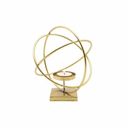 Gold Hurricane Candle Holder – Modern Metal Candle Holder Decor with Geometric Ring Design, Elegant Candle Stand for Pillar Candles & Table Decor, Indoor Decorative Lantern Style Accent