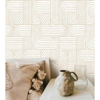 Modern Peel and Stick Wallpaper Boho Contact Paper for Cabinets Drawers Beige and White Striped Geometric Self Adhesive Wallpaper for Bedroom Bathroom Wall Decor Neutral Vinyl 17.3inW 78.7inL