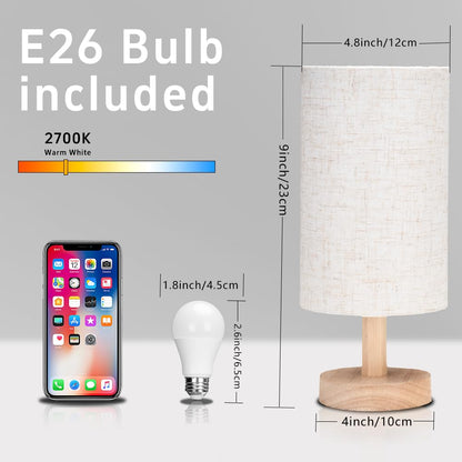 WANKAIX Small Table Lamp for Bedroom - Bedside Lamps for Night Stands, Minimalist Nightstand Light Lamp, Desk Lamps for Living Room, Office, Dorm(Wood Base, 10" Inline Control)