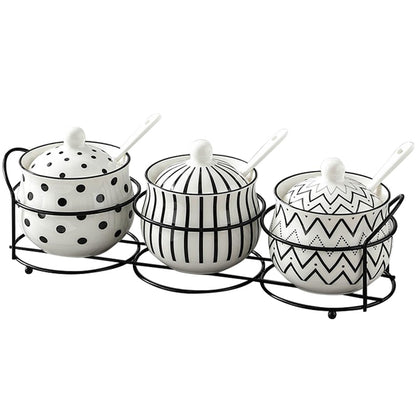 Ceramic Spice Jars Porcelain Condiment Jars Set with Spoon and Lid Condiment Pots for Salt, Sugar, Pepper Seasonings Set of 3 (Black Tabletop Rack)