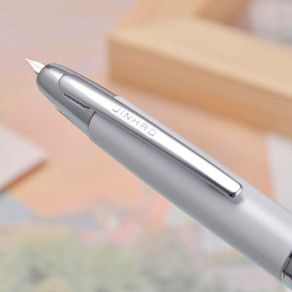 Jinhao 10 Press Fountain Pen with Box, Pearl White Retractable Extra Fine Nib with Ink Converter Set (Silver Clip)