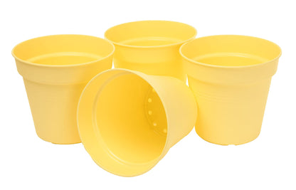 Mintra Garden Pots, 4 Pack Bulk Plastic Plant Pots with Drainage Tray, Round Indoor & Outdoor Decorative Planters with Drain Holes for Flowers, Herbs & Plants, 19cm Diameter – Yellow, 7.5 in