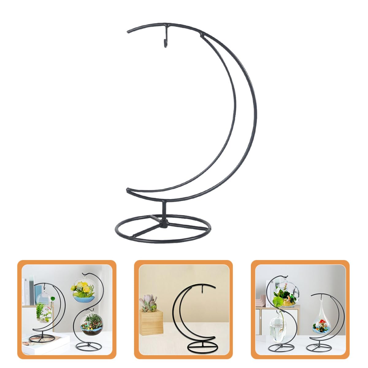 TOBBOMEY Iron Half Moon Plant Stand and Ornament Display Holder, Hanging Terrarium Stand for Home Office Décor, Decorative Pendulum Rack for Glass Pots and Holiday Ornaments