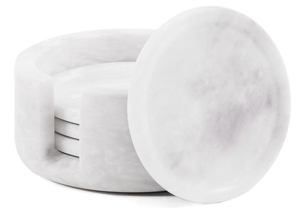 Radicaln White Marble Coasters Set of 4 Handmade 3.5" Inch Round Coasters for Drinks, Elegant Coaster Set with Holder for Dining and Coffee Tables