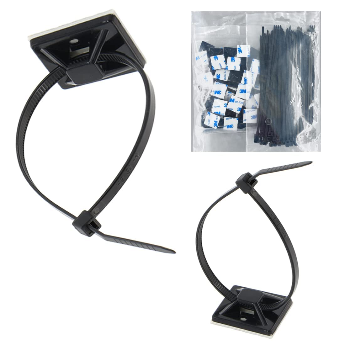 Strong Self Adhesive Wire Clips Cable Zip Tie Mounts 3/4" with 6 Inch Zipties Black UV Protection Outdoor 100 Pcs,Sticky Wire Fasteners Cable Guide Management Mounting Suqare Holder Anchor Base Small