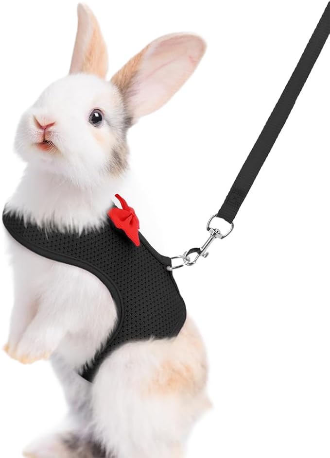 Rabbit Harness and Leash Set, with Cute Bow Soft Breathable Mesh Bunny Vest Harness for Rabbits Kitten Ferret Puppy Small Pets Walking (Black, L)