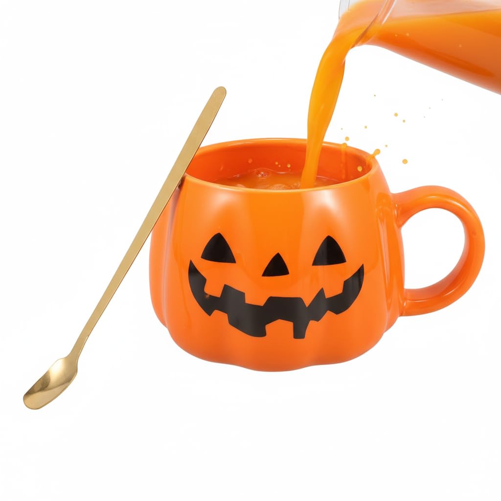 Healifty Halloween Pumpkin Mug with Spoon 12 Oz Ceramic Coffee Cup Pumpkin Shape for Home Office Tea Juice Milk Water