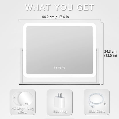 HIEEY Lighted Makeup Mirror, Hollywood Vanity Mirror with Lights, Three Color Lighting Modes, and 5X Magnification Mirror, Smart Touch Control, 360°Rotation (17.3in,White,Gift Box)