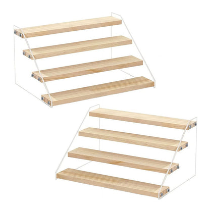 BeiHCain 2 Pack 4 Tier 12 Inch Acrylic Wooden Display Stand, Clear Acrylic Display Riser Shelf Wood Tiered Display Shelf Rack Step Ladder Riser Stands for Cupcakes Perfumes Figures Collectibles
