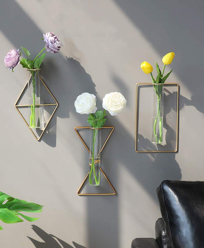 yaocoral Nordic Wall Vase Hanging Geometric Gold Flower Vase Wall Mount Metal Frame Vases Hydroponic Glass Bud Vase Decor for Home Wedding Farmhouse