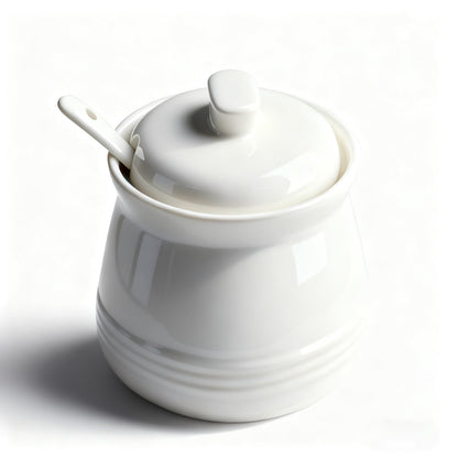 Fcreimd Sugar Bowl Porcelain Sugar Jar, Ceramic Sugar Container with Lid and Spoon, 12 Ounces, White