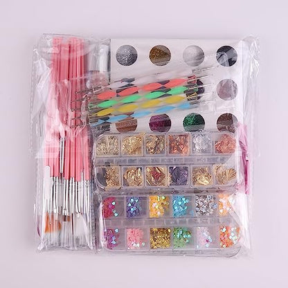 FANDAMEI Nail Art Kit, Nail Art Brushes Set, Nail Design Kit Dotting Tools, Fine Nail Glitter, Nail Decoration Butterfly Heart Glitter Sequins, Foil Flakes, Nail Rhinestones, Dust Brush