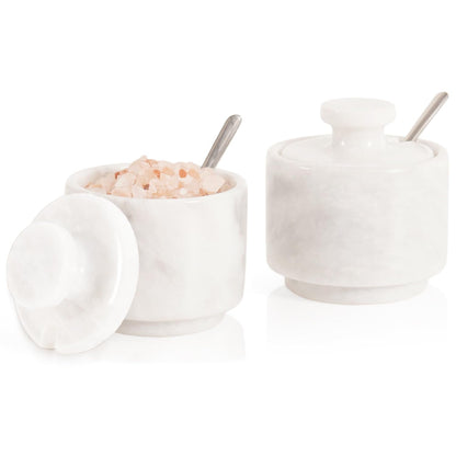 MARBLOUS KRAFTS Marble Salt Cellar 3" Inch White Celtic Salt, Seasoning Containers for Kitchen Decor, Set of 2 Spice Jars, Countertop Storage, Sugar Bowl with Lid and Spoon, Ideal Gift for New Home