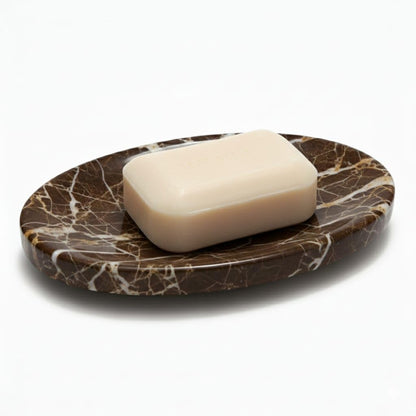 SS Marble Soap Holder - Polished & Shiny Oval Marble Soap Holder - Sponge Holder for Face, Bathroom Makeup Tray with Drain Hole Well-Made Bathroom Accessory (Brown)