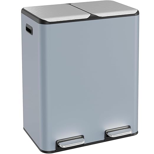 ComfyCorner 16 Gal (2 x 30 L) Dual Trash Can, Stainless Steel Kitchen Garbage Bin, Recycle Dustbin with Odor Control Box, Soft-Close Lid, Inner Buckets, Side Handle, Step Pedal, for Home Office