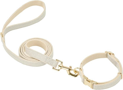 Luxury Soft Cotton Tweed Fabric Dog Collar & Leash Set with Gold Buckle – Durable Fabric, Stylish Design for Everyday Walks(Medium Grey)