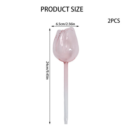 NovaPuff 2 Pcs Pink Tulip Self Watering Plant Globes,Glass Watering Bulbs Watering Spikes, Automatic Watering Devices for Indoor Plants/Travel Vacation