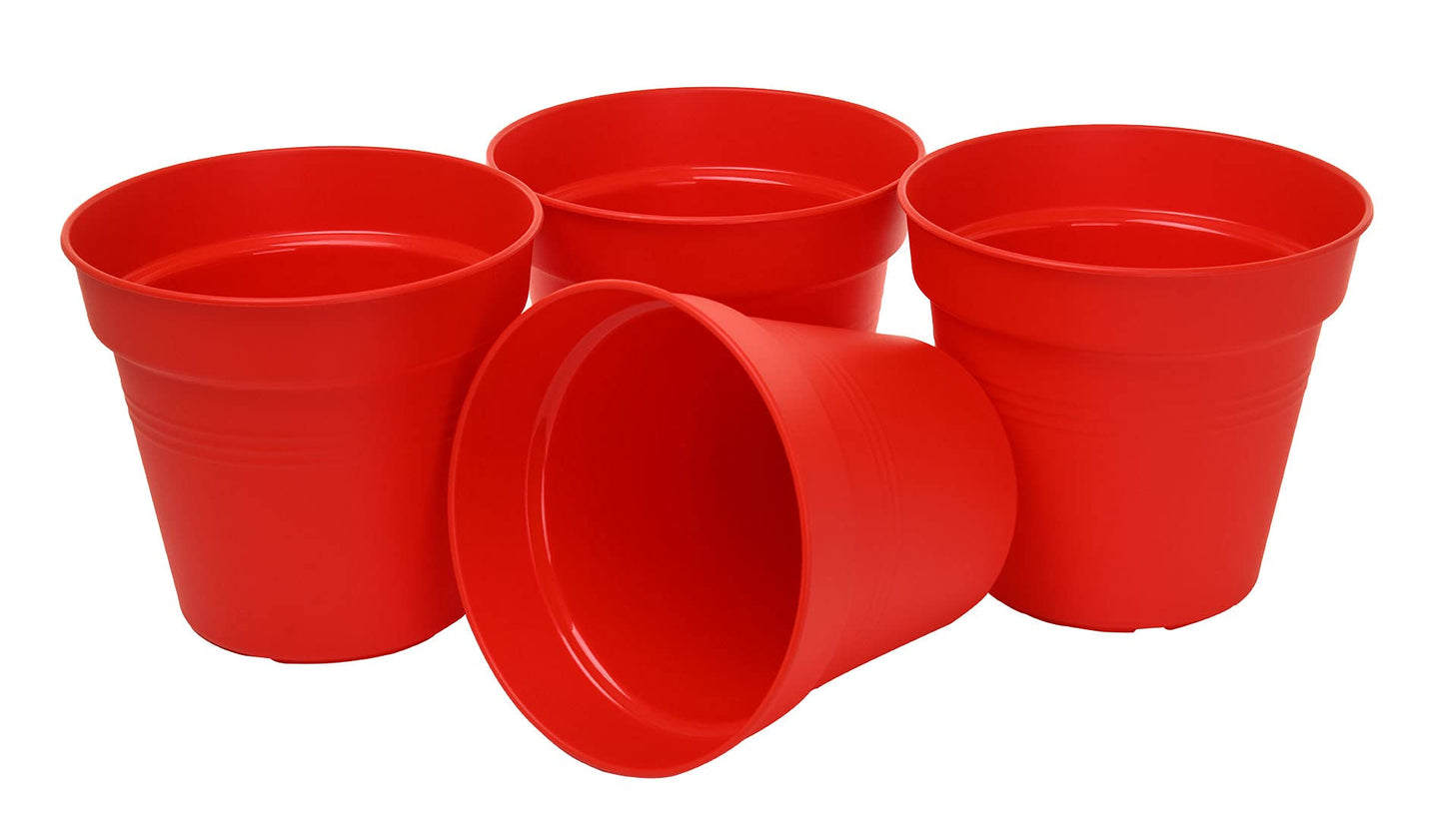 Mintra Garden Pots, 4 Pack Bulk Plastic Plant Pots with Drainage Tray, Round Indoor & Outdoor Decorative Planters with Drain Holes for Flowers, Herbs & Plants, 19cm Diameter – Red, 7.5 in