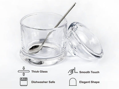 HillSpring Thick Glass Salt Cellar with Stainless Steel Spoon, Clear Container for Kosher, Sea, Himalayan Salt, Sugar, Pepper, Heavyweight Spices Jar, 10 oz (1, Transparent, Medium)