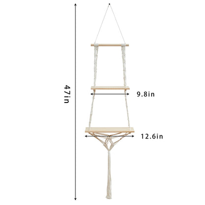 YYHTYZ 2 Tier Wooden Hanging Shelf, Boho Hand-Woven Cotton Wall Hanging Rack, Solid Wood Board, Featuring a Storage Net at the Bottom, Designed for Wall Mounting, Hanging Storage Shelves