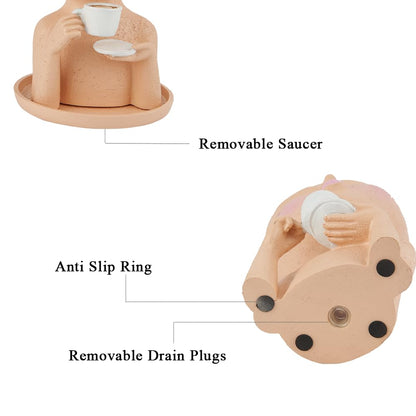 Simabsie Face Planter Pots, Resin Face Planter for Indoor/Outdoor Plants,Head Planter with Drainage Hole/Removable Saucer,Girl Holding Coffe (Coffee, Skin)