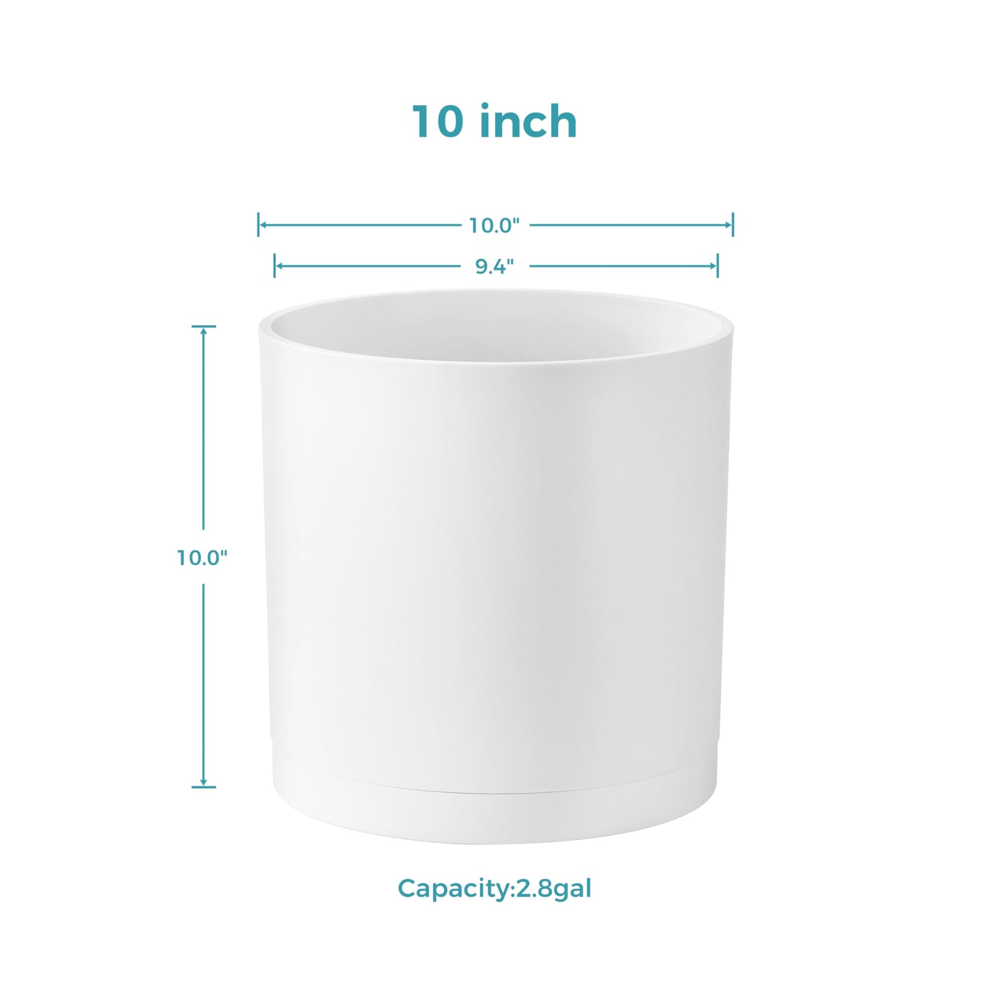 FaithLand 10-Inch Modern Cylinder Planter, Thick-Walled Plastic Plant Pot with Drainage Holes and Detachable Saucer, Matte White, Ideal for Indoor & Outdoor Plants Flowers