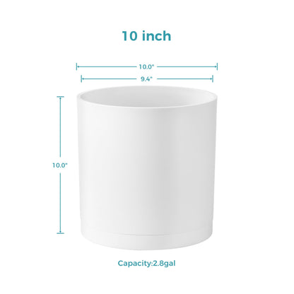 FaithLand 10-Inch Modern Cylinder Planter, Thick-Walled Plastic Plant Pot with Drainage Holes and Detachable Saucer, Matte White, Ideal for Indoor & Outdoor Plants Flowers
