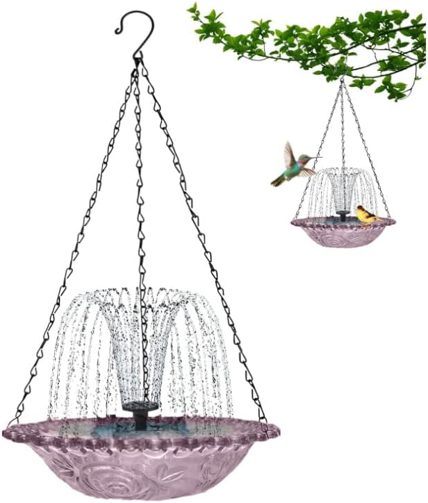 Hanging Solar Bird Bath Fountain with Water Pump, Plastic Basin, 4 Nozzles, Sturdy Metal Chains, Outdoor Garden Decor (Can Spray Water, Pink)